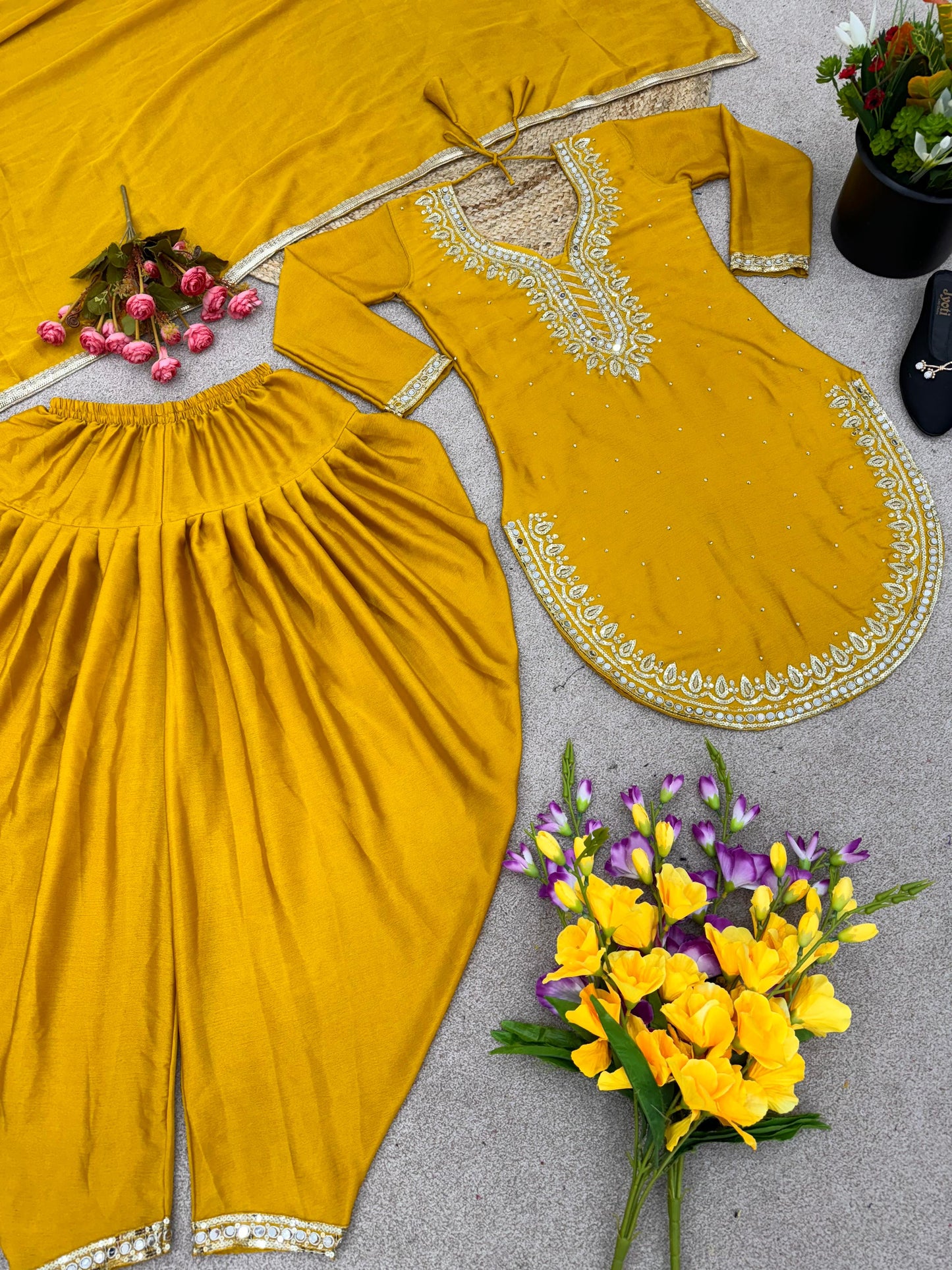 Fashionable Round Cut Yellow Color Dhoti Suit