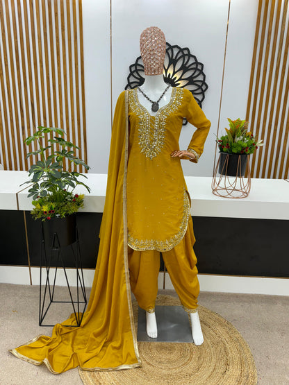 Fashionable Round Cut Yellow Color Dhoti Suit