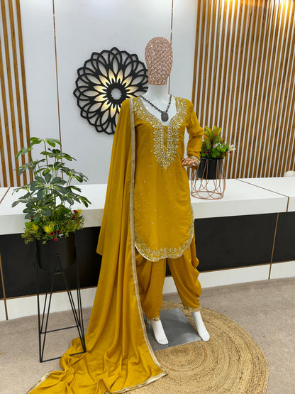 Fashionable Round Cut Yellow Color Dhoti Suit