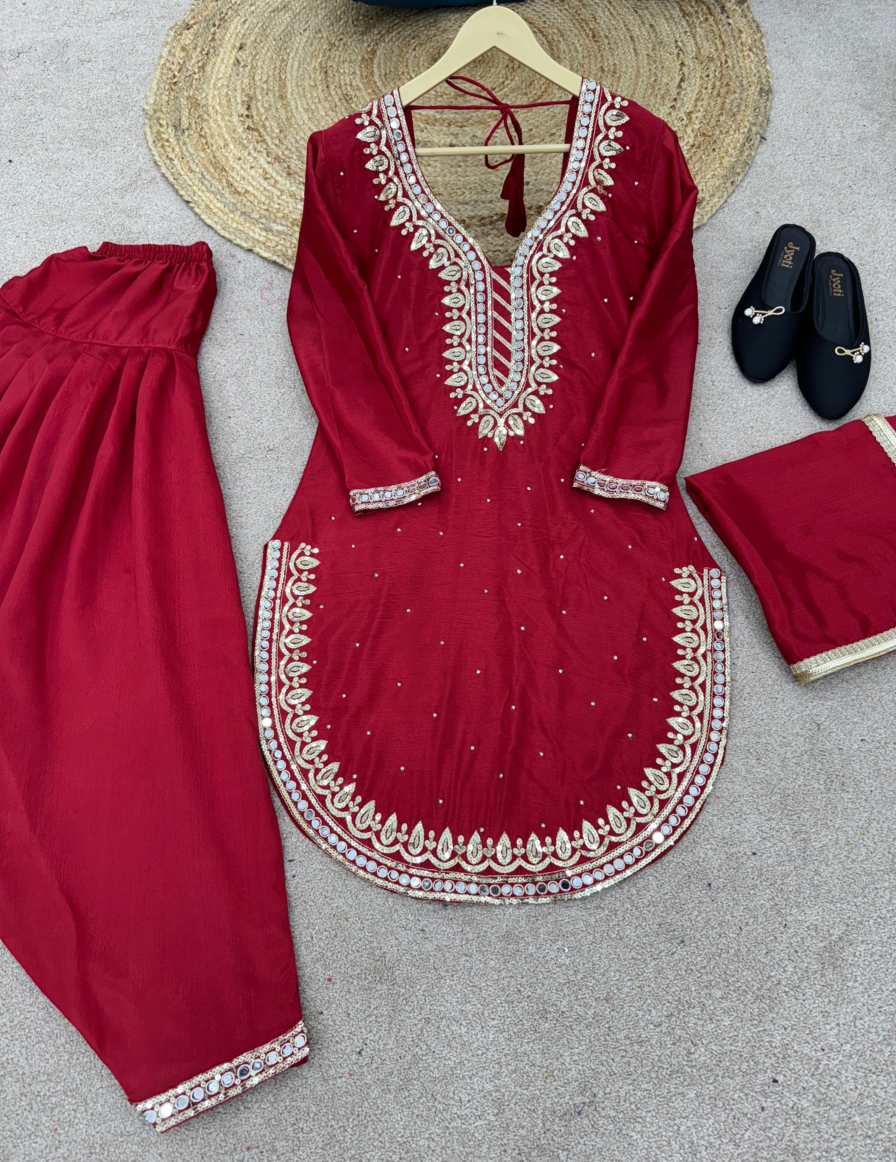 Fashionable Round Cut Maroon Color Dhoti Suit