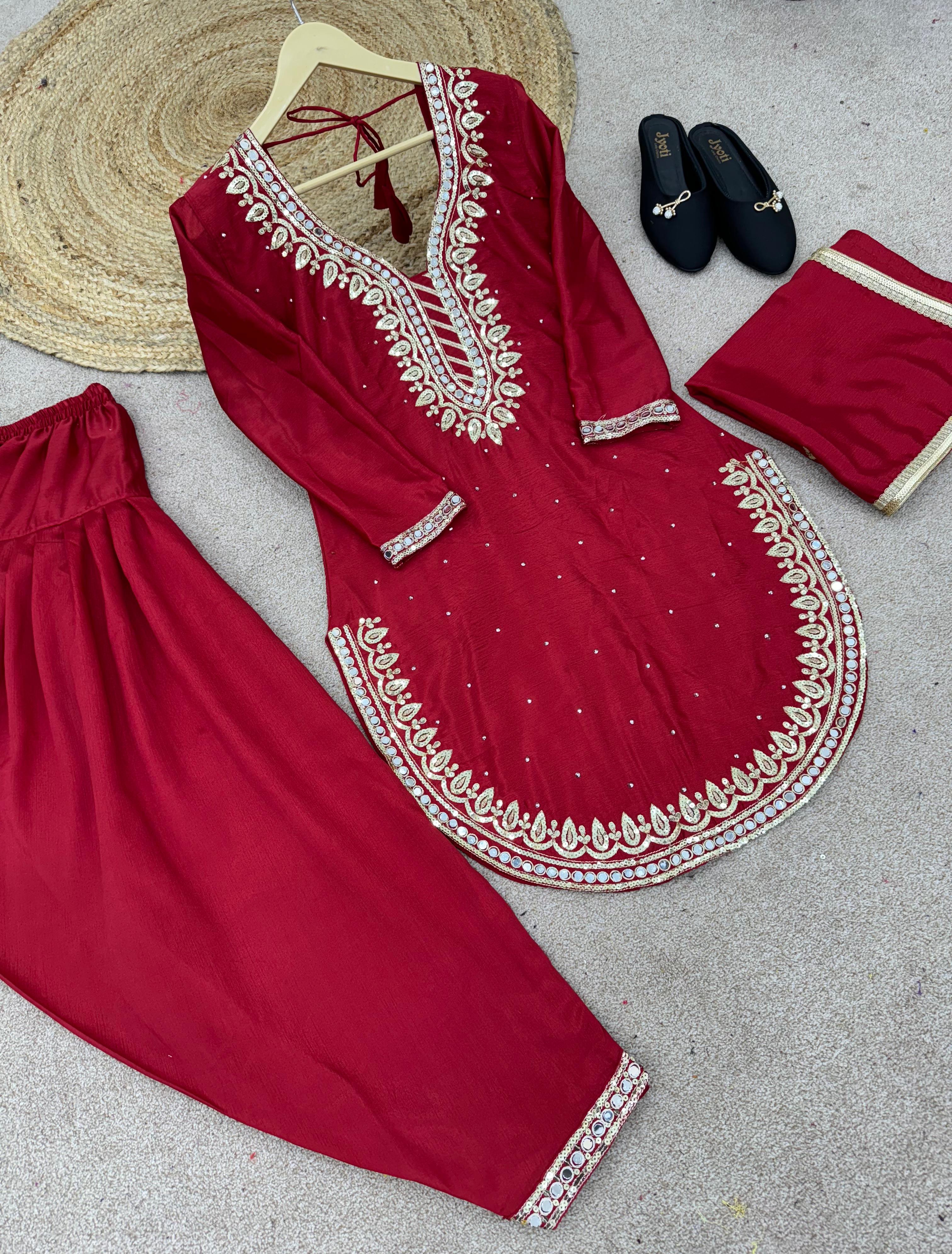 Fashionable Round Cut Maroon Color Dhoti Suit