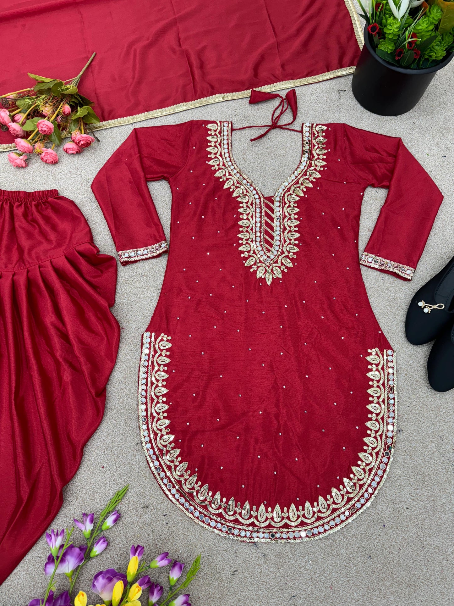 Fashionable Round Cut Maroon Color Dhoti Suit