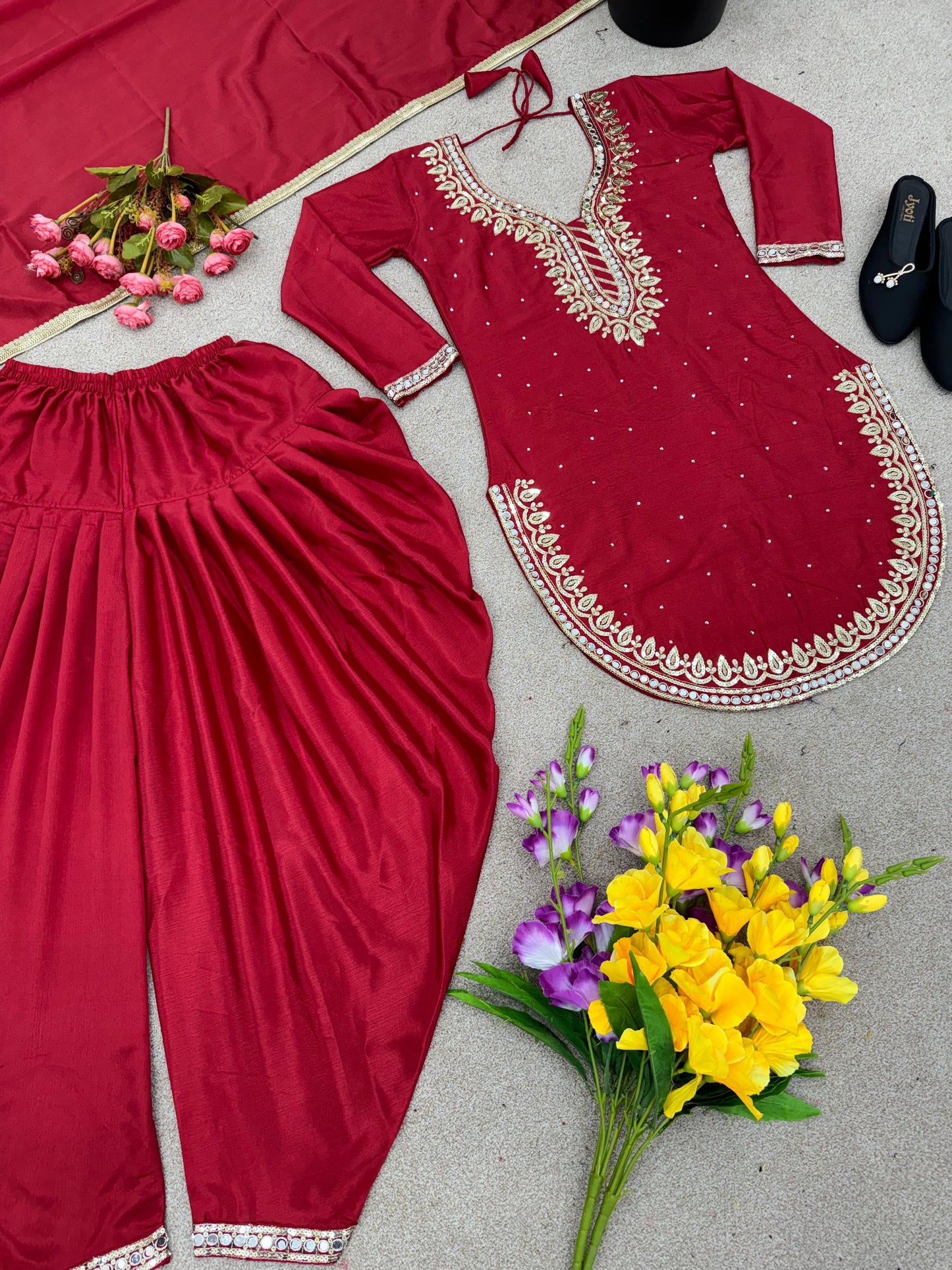 Fashionable Round Cut Maroon Color Dhoti Suit