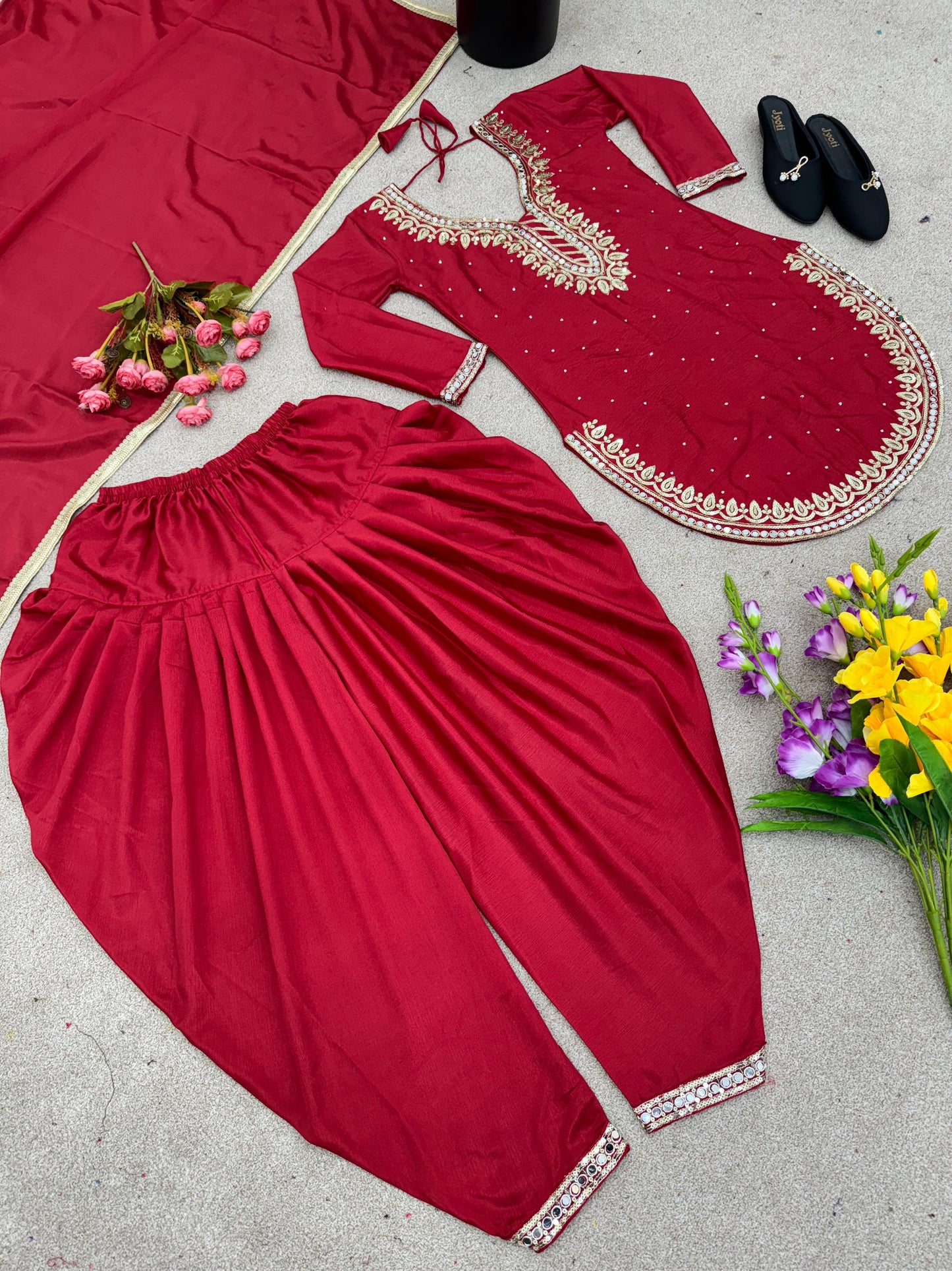 Fashionable Round Cut Maroon Color Dhoti Suit