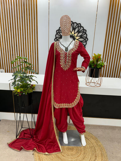 Fashionable Round Cut Maroon Color Dhoti Suit