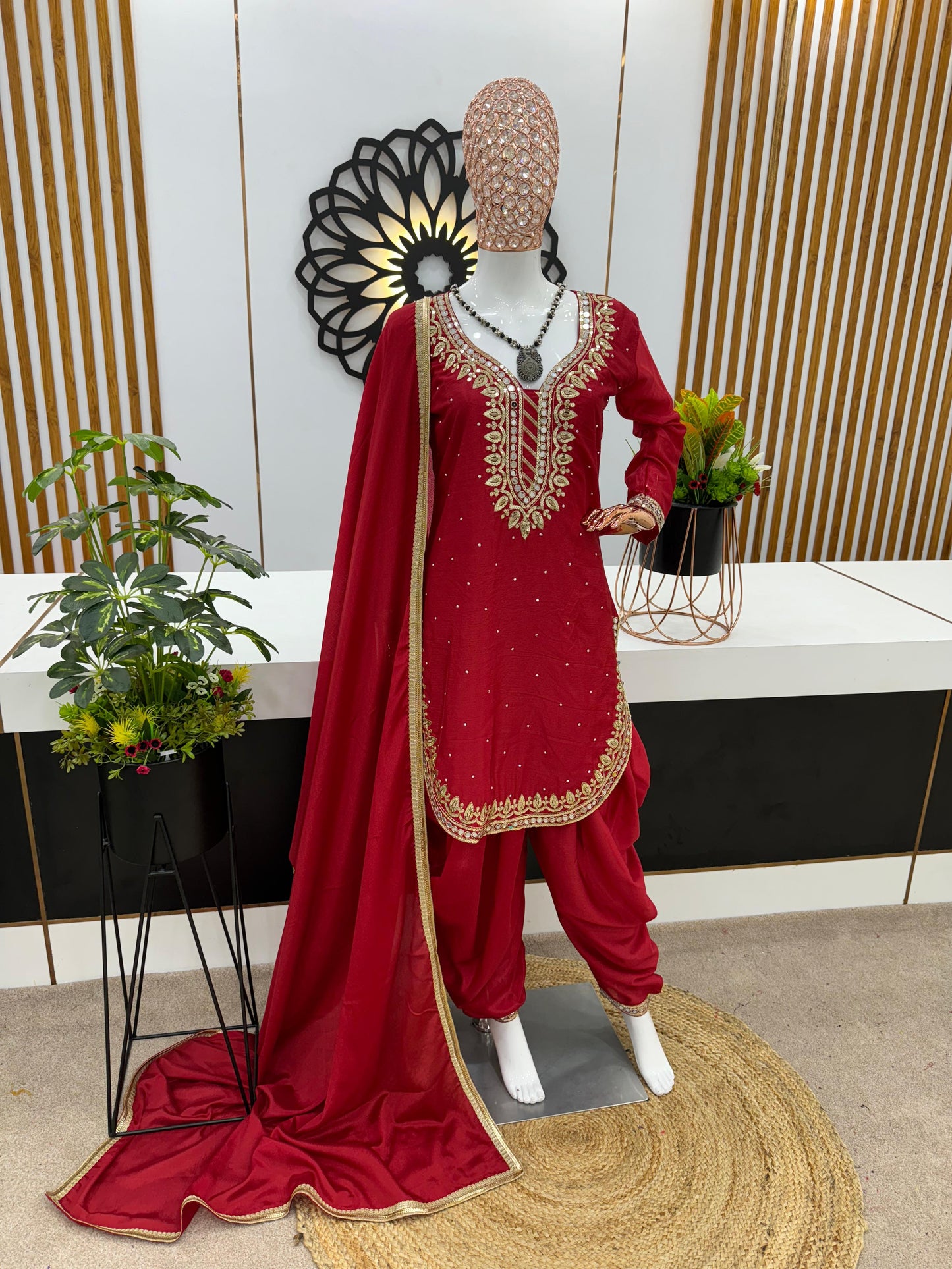 Fashionable Round Cut Maroon Color Dhoti Suit