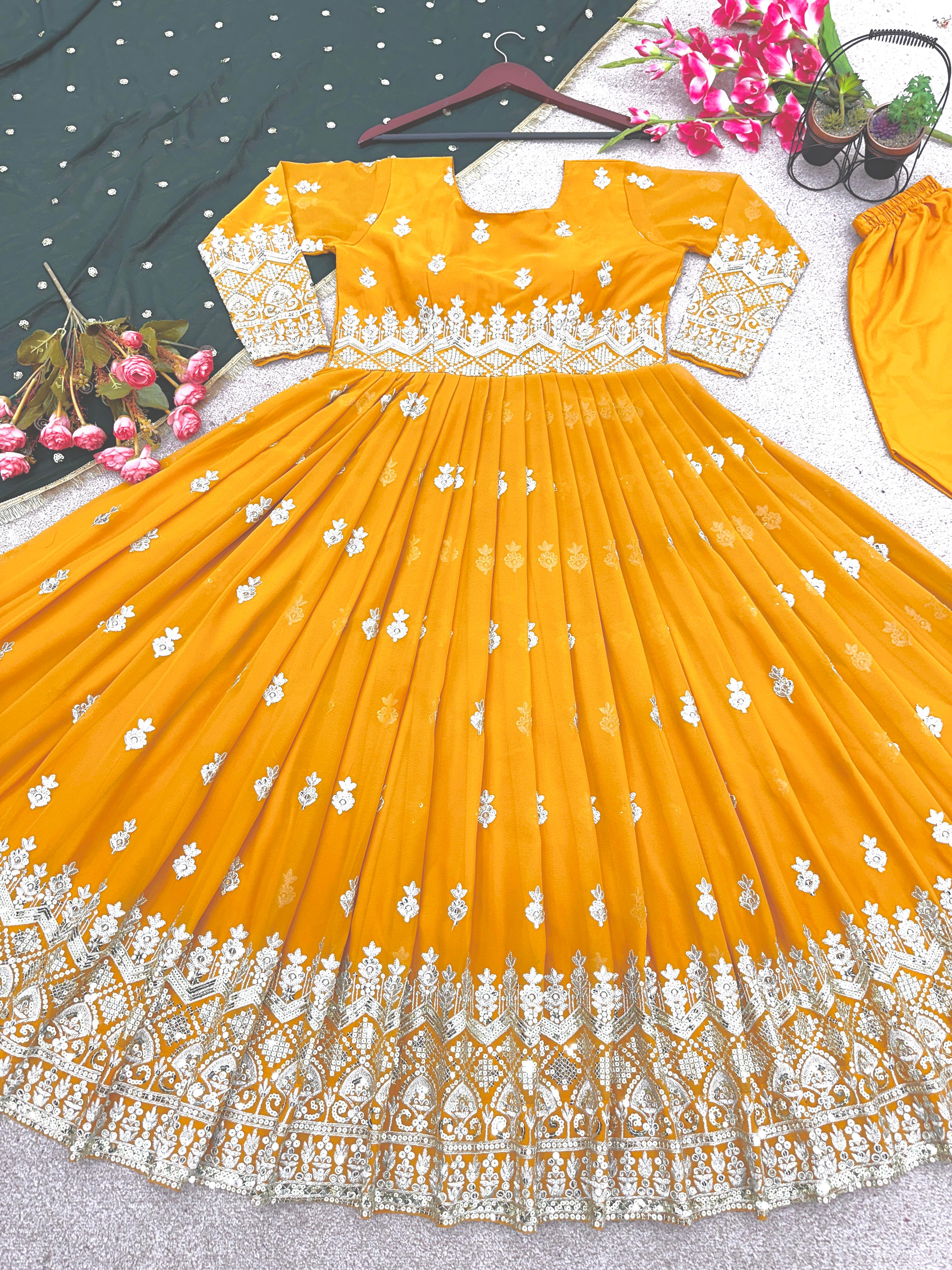 Heavy Sequence Work Yellow Color Anarkali Gown With Green Dupatta