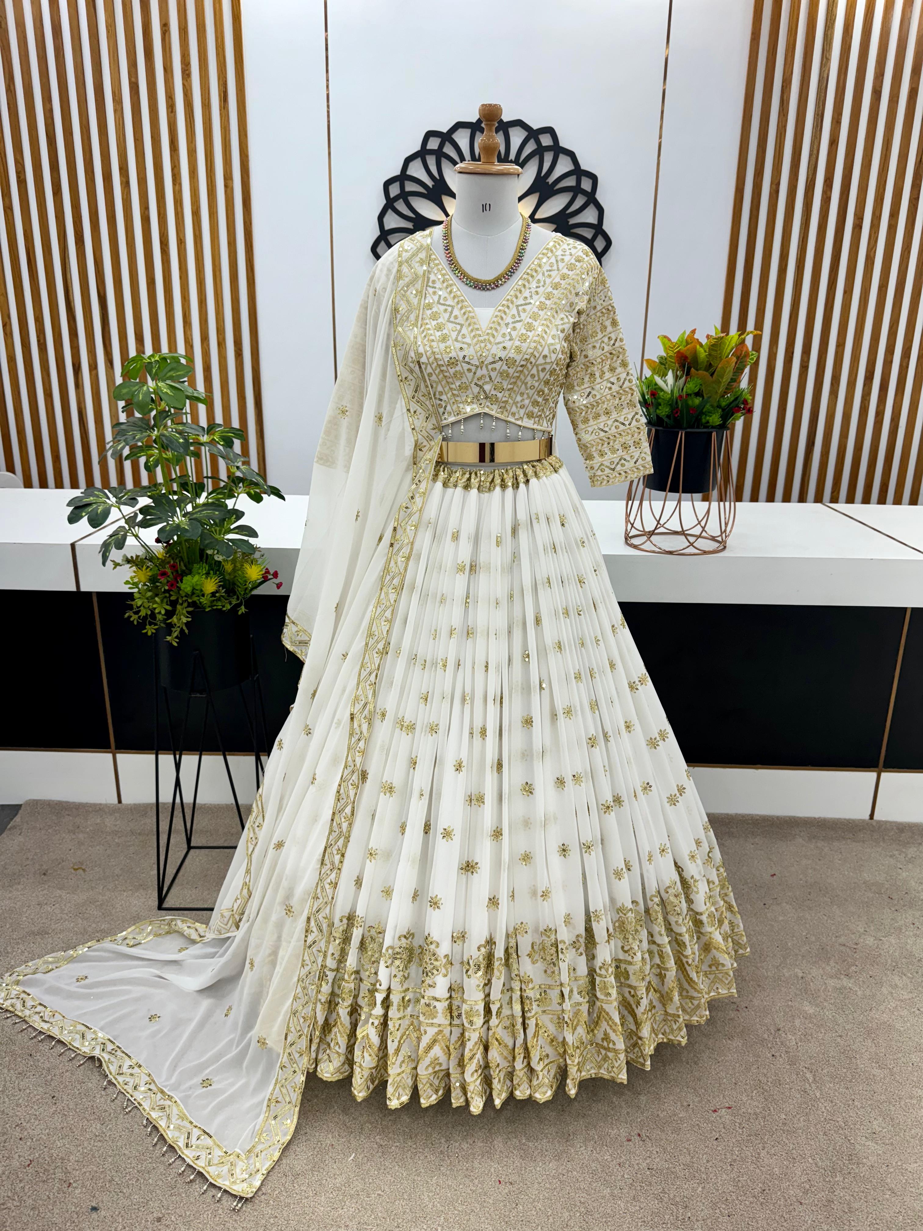Buy White Thread & Sequins Work Georgette Lehenga With Choli At Designer  Lehenga Choli