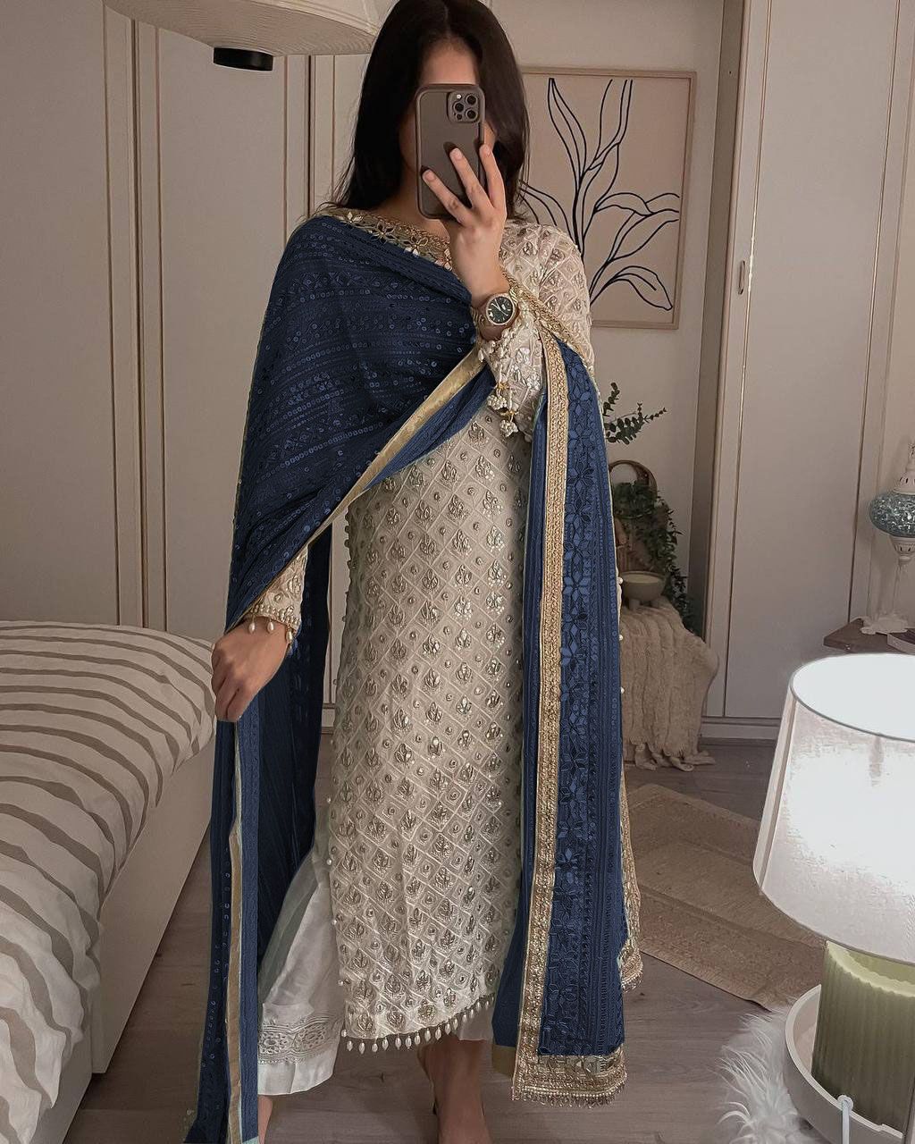 Glorious White Sequence Work Suit With Navy Blue Dupatta