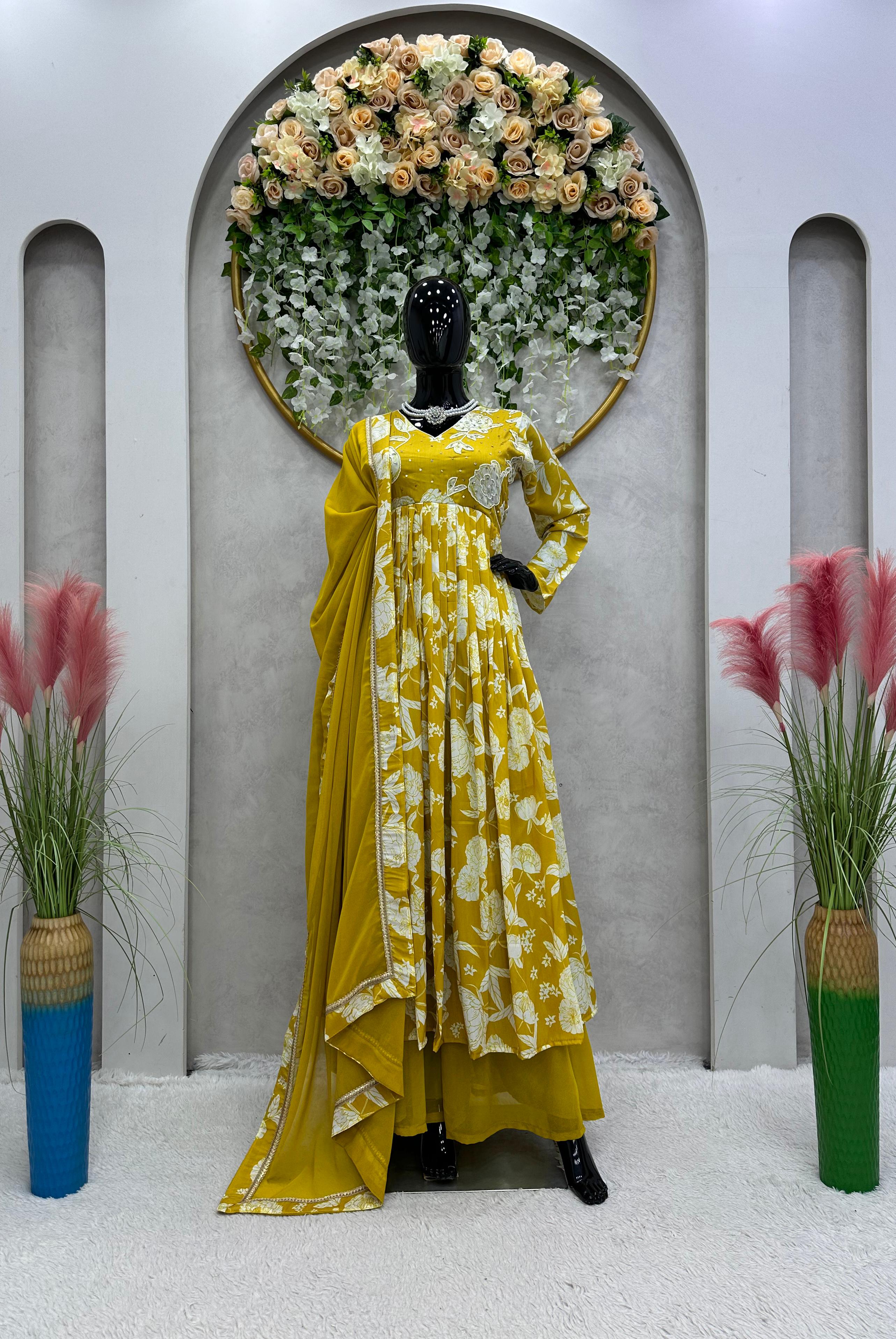 Yellow Color Digital Print With Hand Work Gown With Palazzo