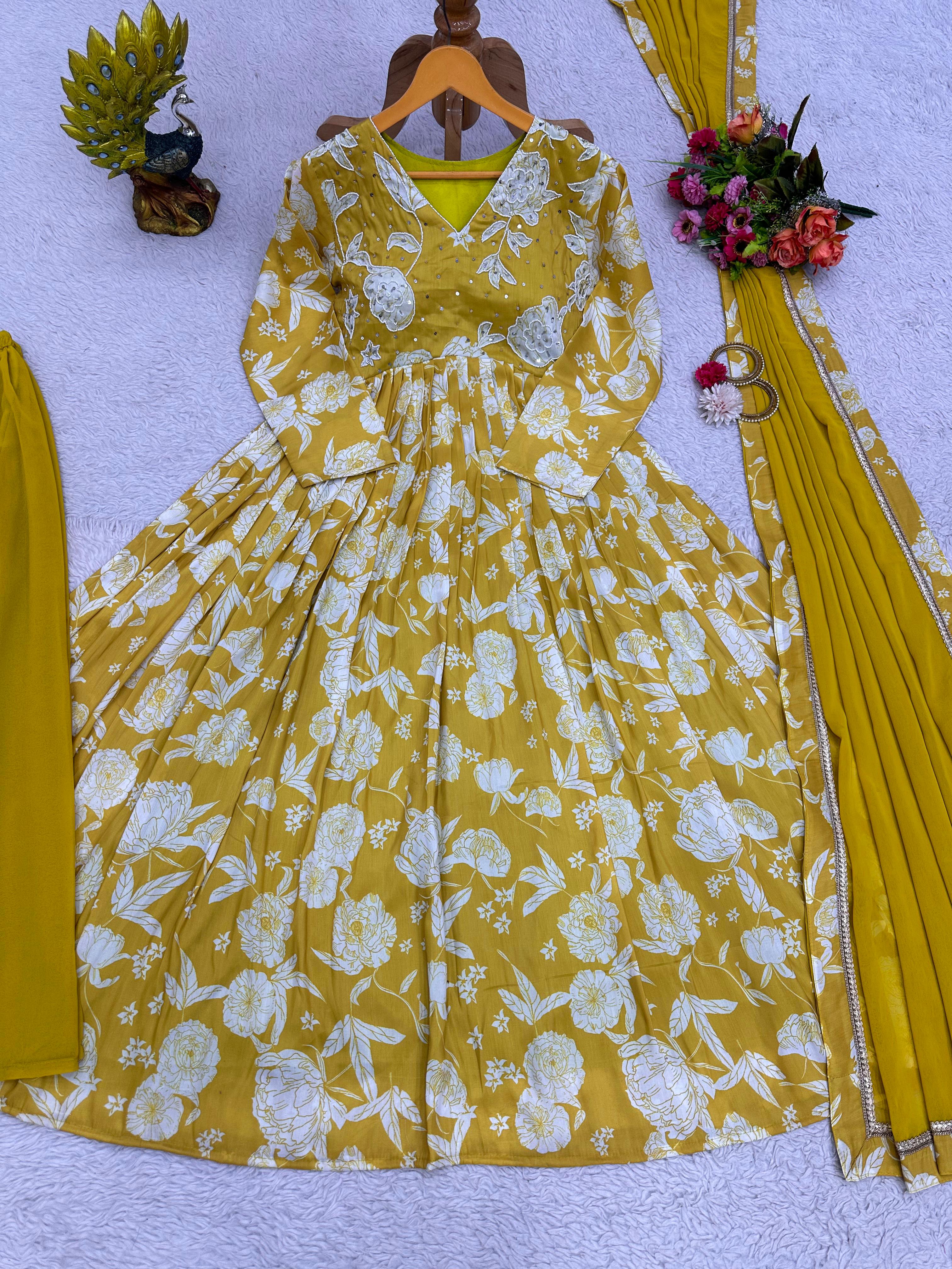 Yellow Color Digital Print With Hand Work Gown With Palazzo