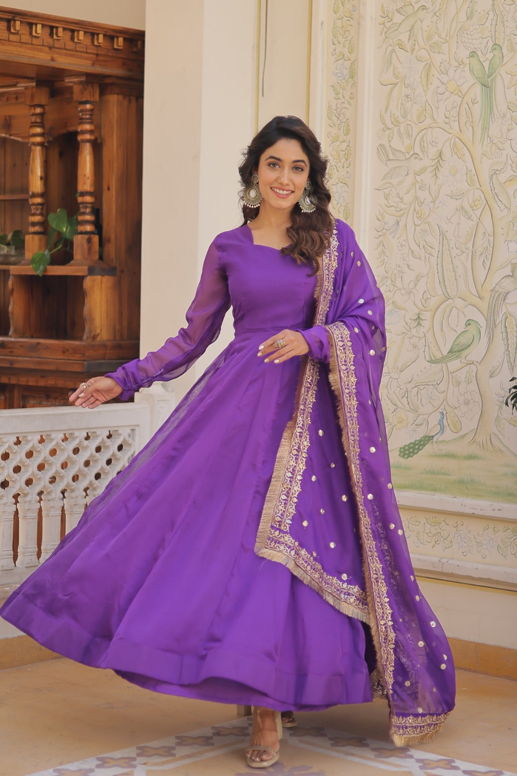 Kali Pattern Purple Color Gown With Embroidered Work Dupatta