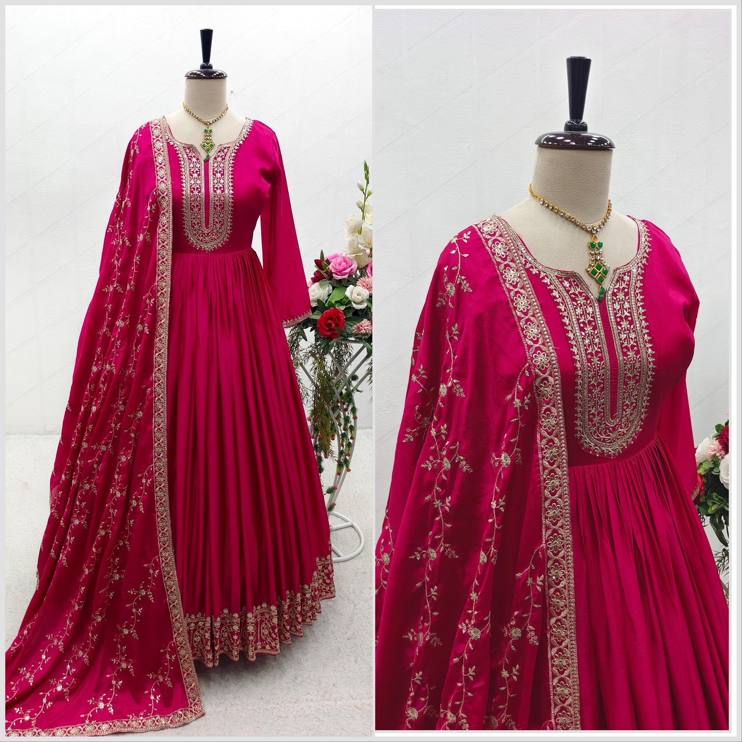 Luxuriant Pink Color Embroidery Sequence Work Gown