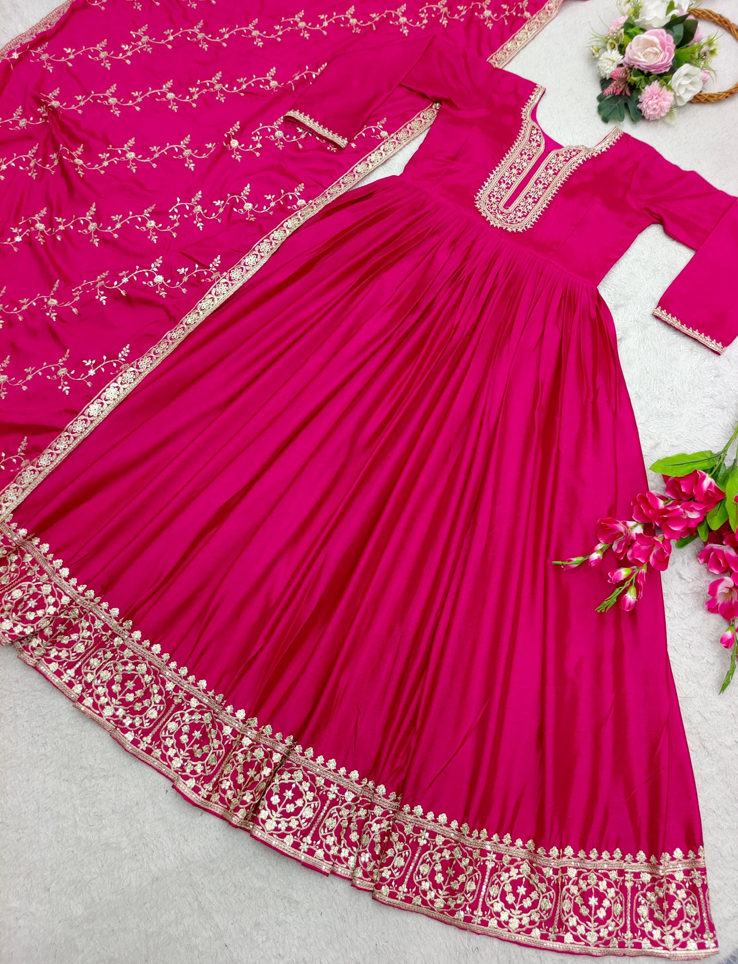 Luxuriant Pink Color Embroidery Sequence Work Gown