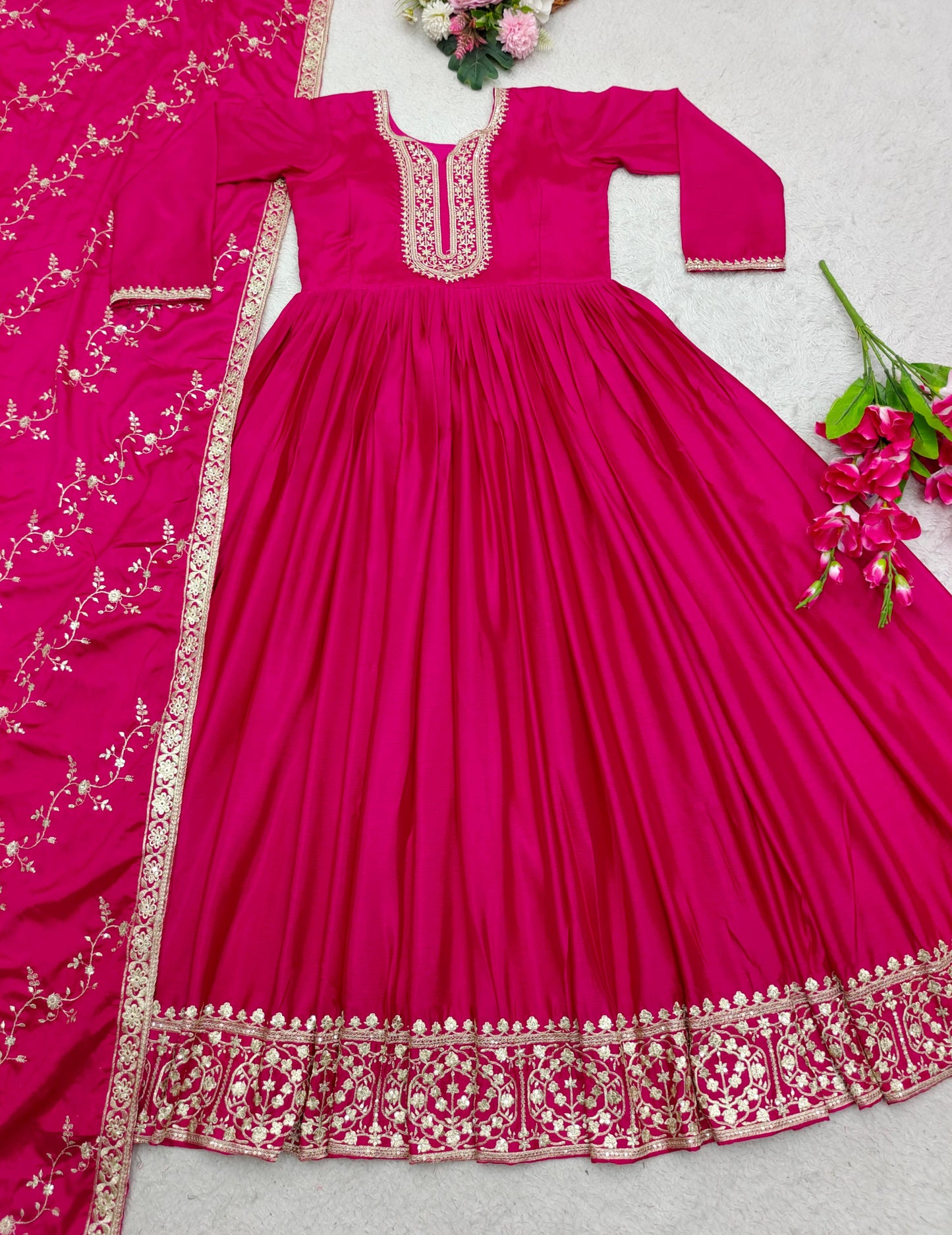 Luxuriant Pink Color Embroidery Sequence Work Gown