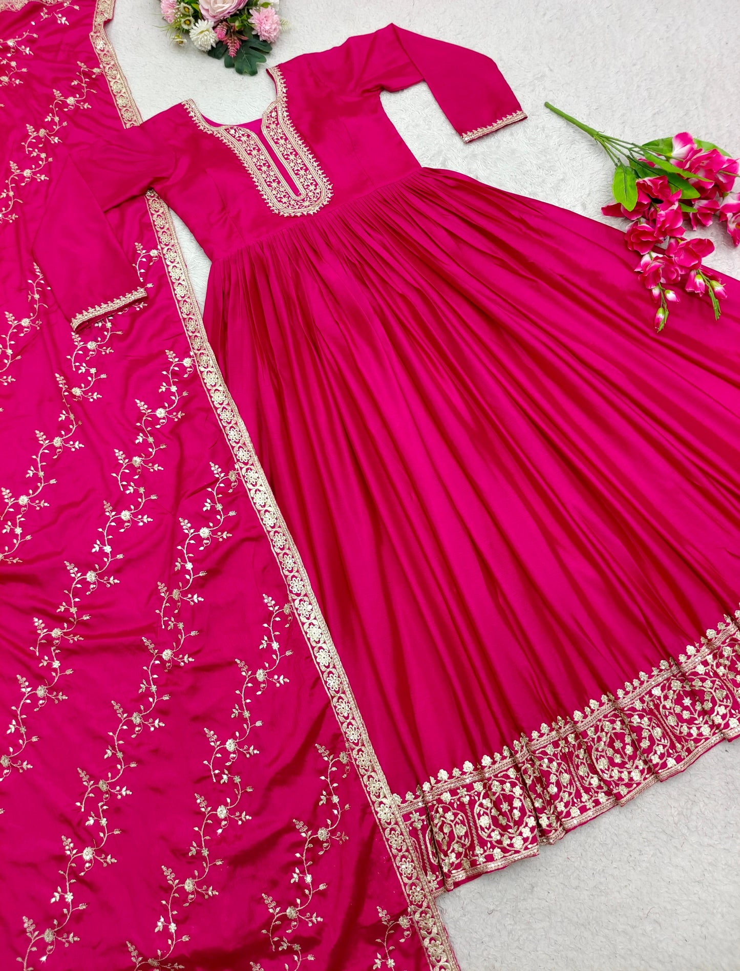 Luxuriant Pink Color Embroidery Sequence Work Gown