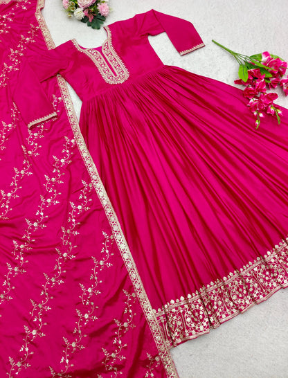 Luxuriant Pink Color Embroidery Sequence Work Gown