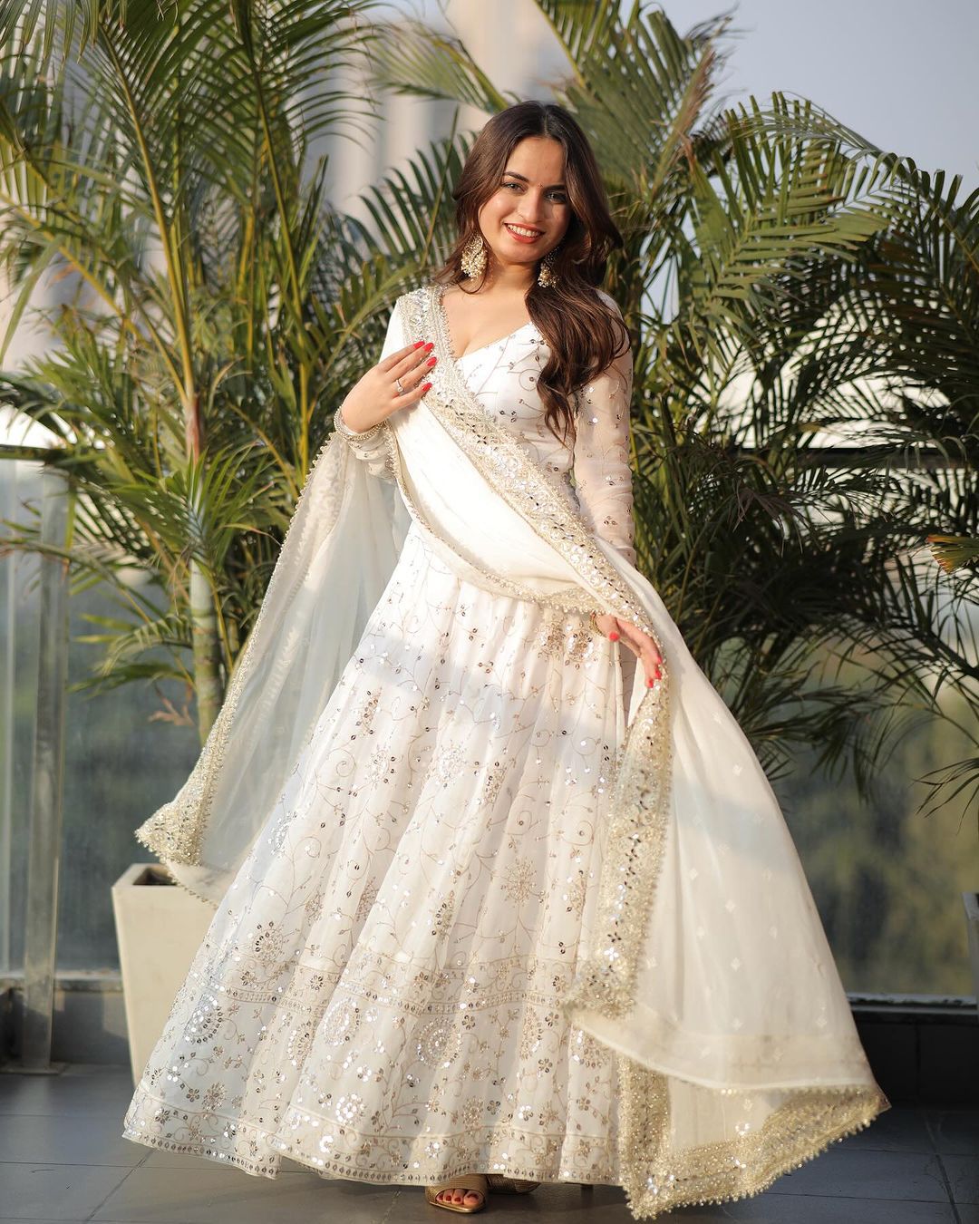 Full Heavy Work White Color Georgette Anarkali Gown