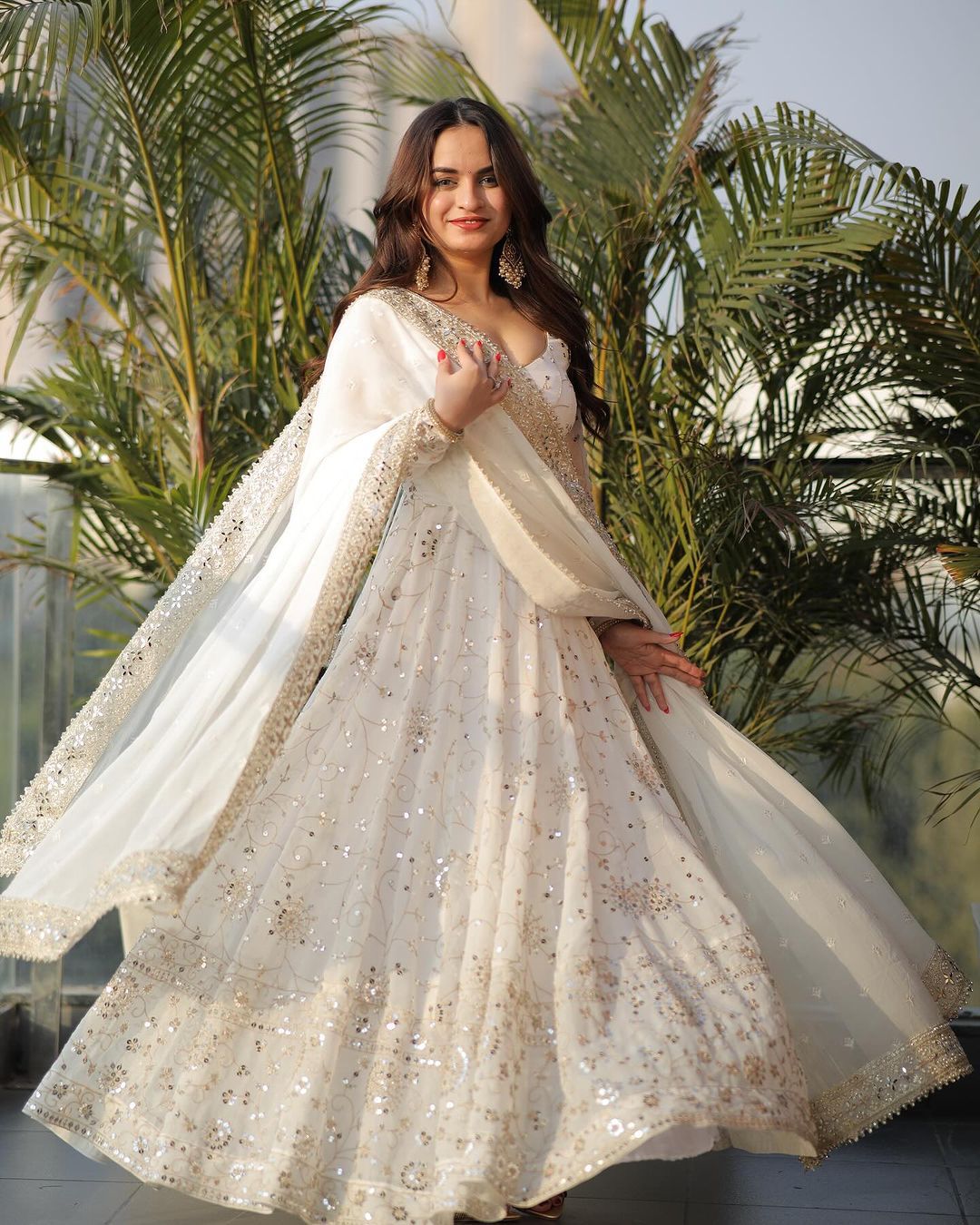 Full Heavy Work White Color Georgette Anarkali Gown