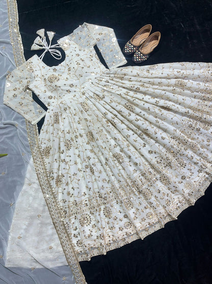 Full Heavy Work White Color Georgette Anarkali Gown