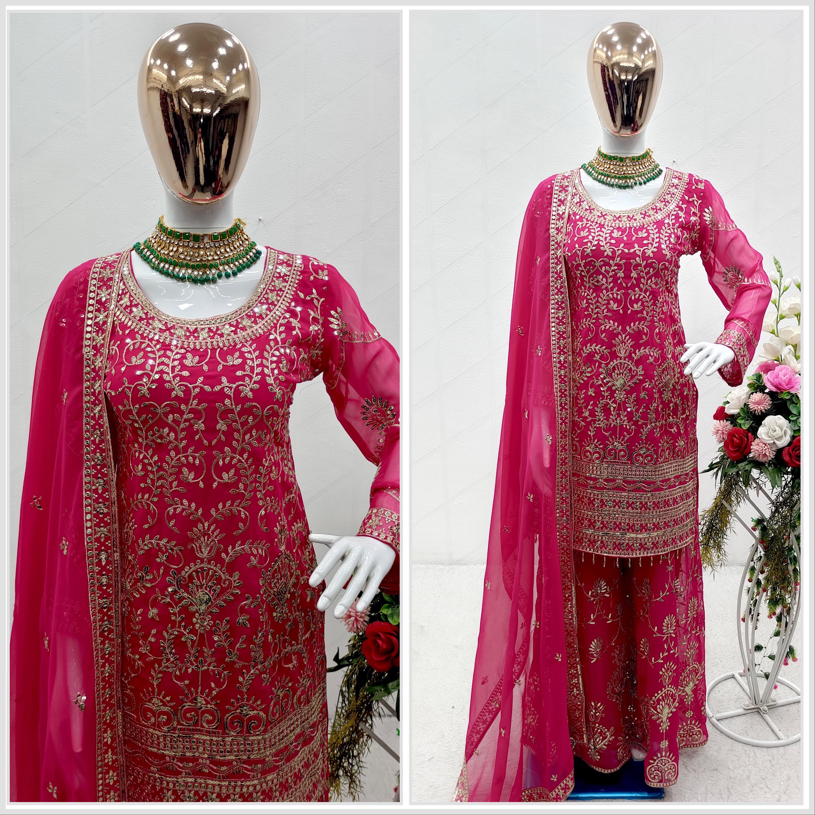 Fully Embroidery Work Pink Color Sharara Suit