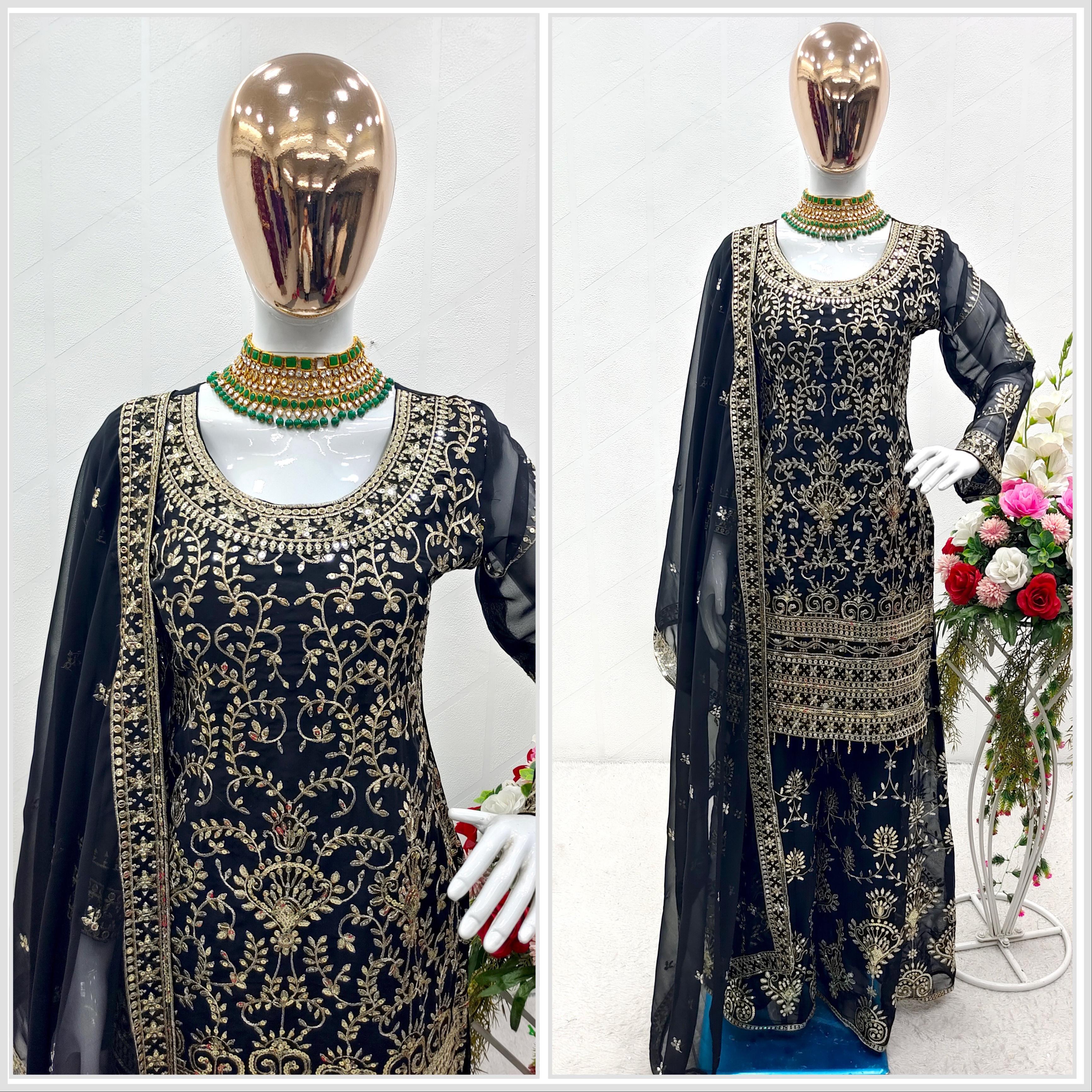 Fully Embroidery Work Black Color Sharara Suit