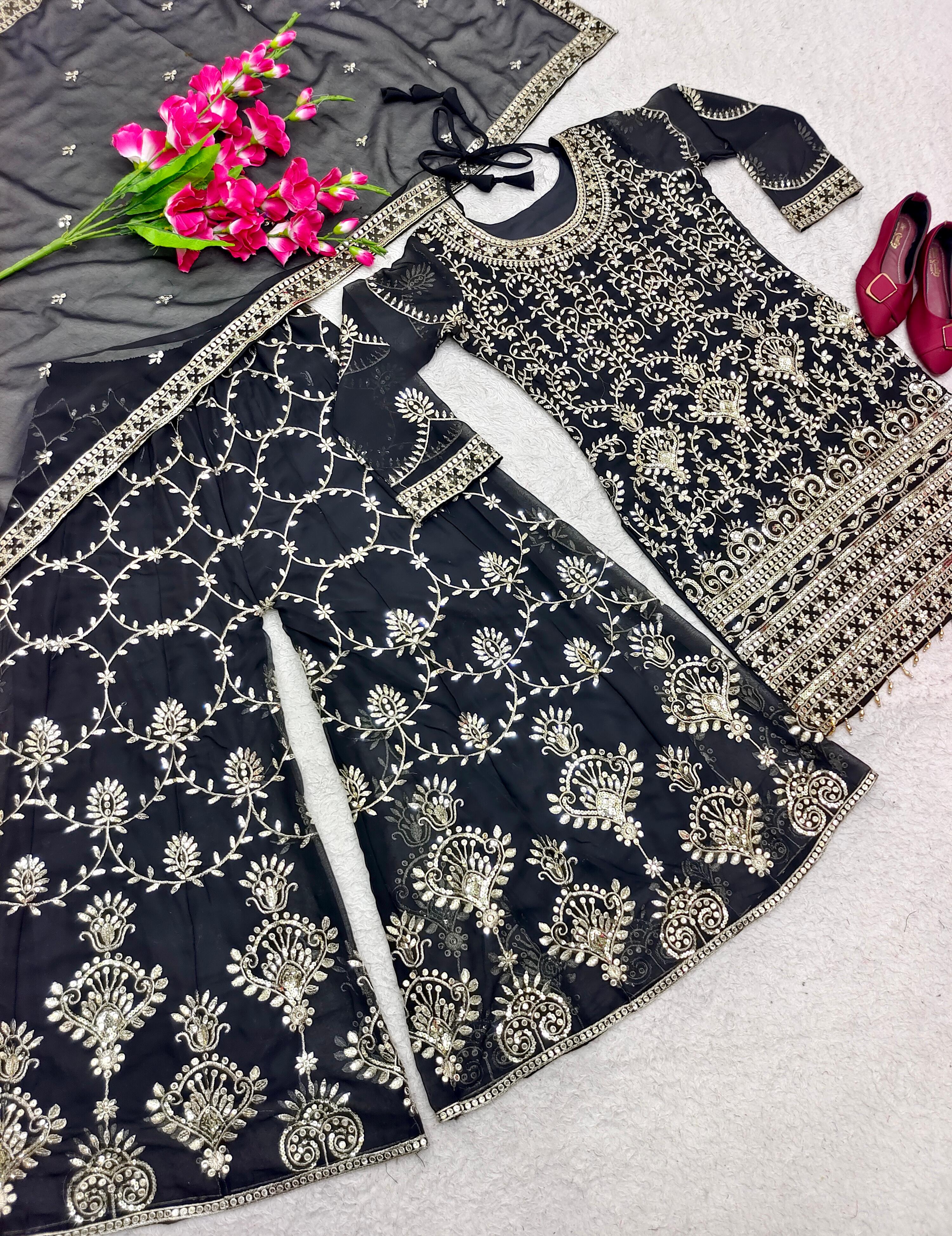 Fully Embroidery Work Black Color Sharara Suit