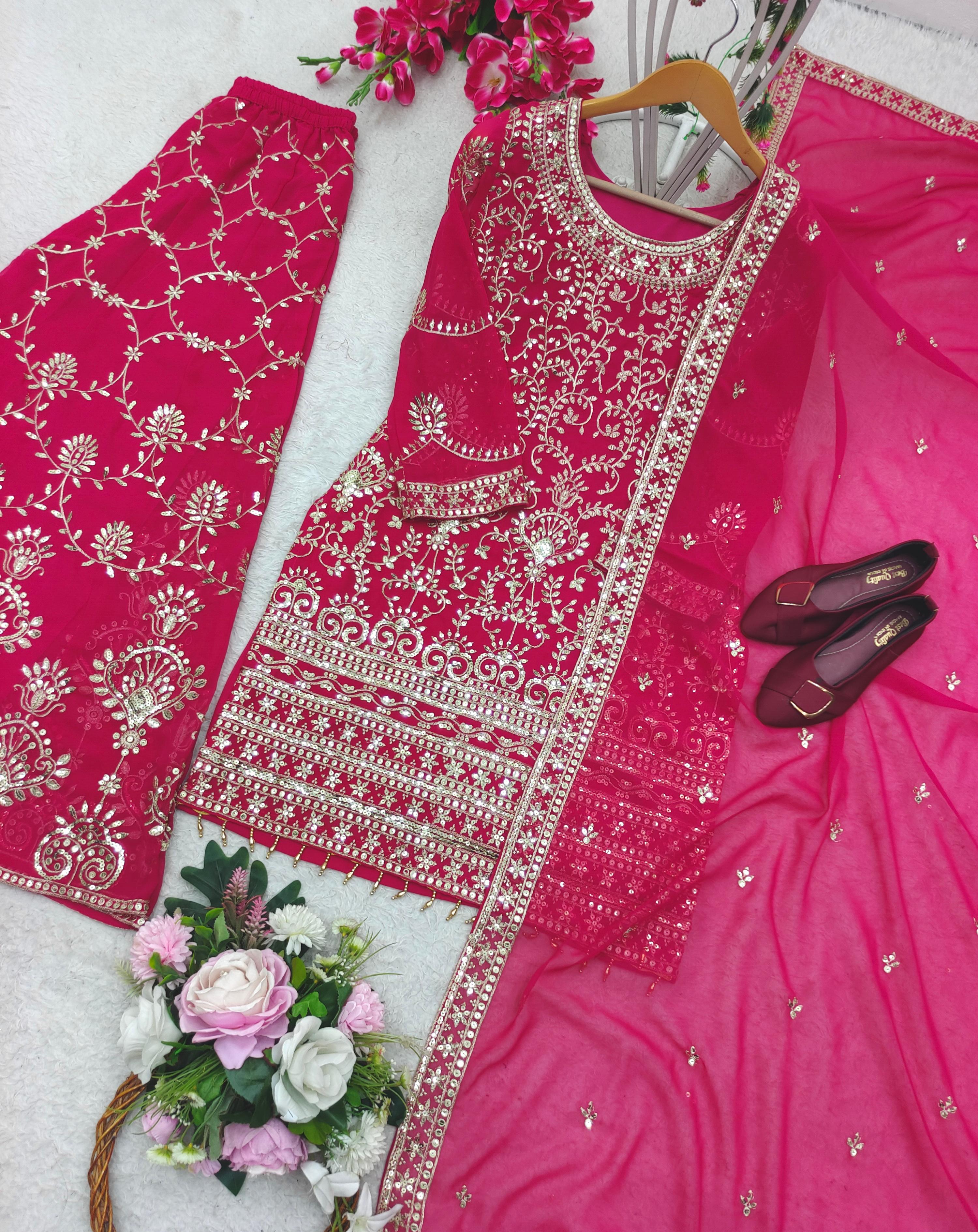 Fully Embroidery Work Pink Color Sharara Suit