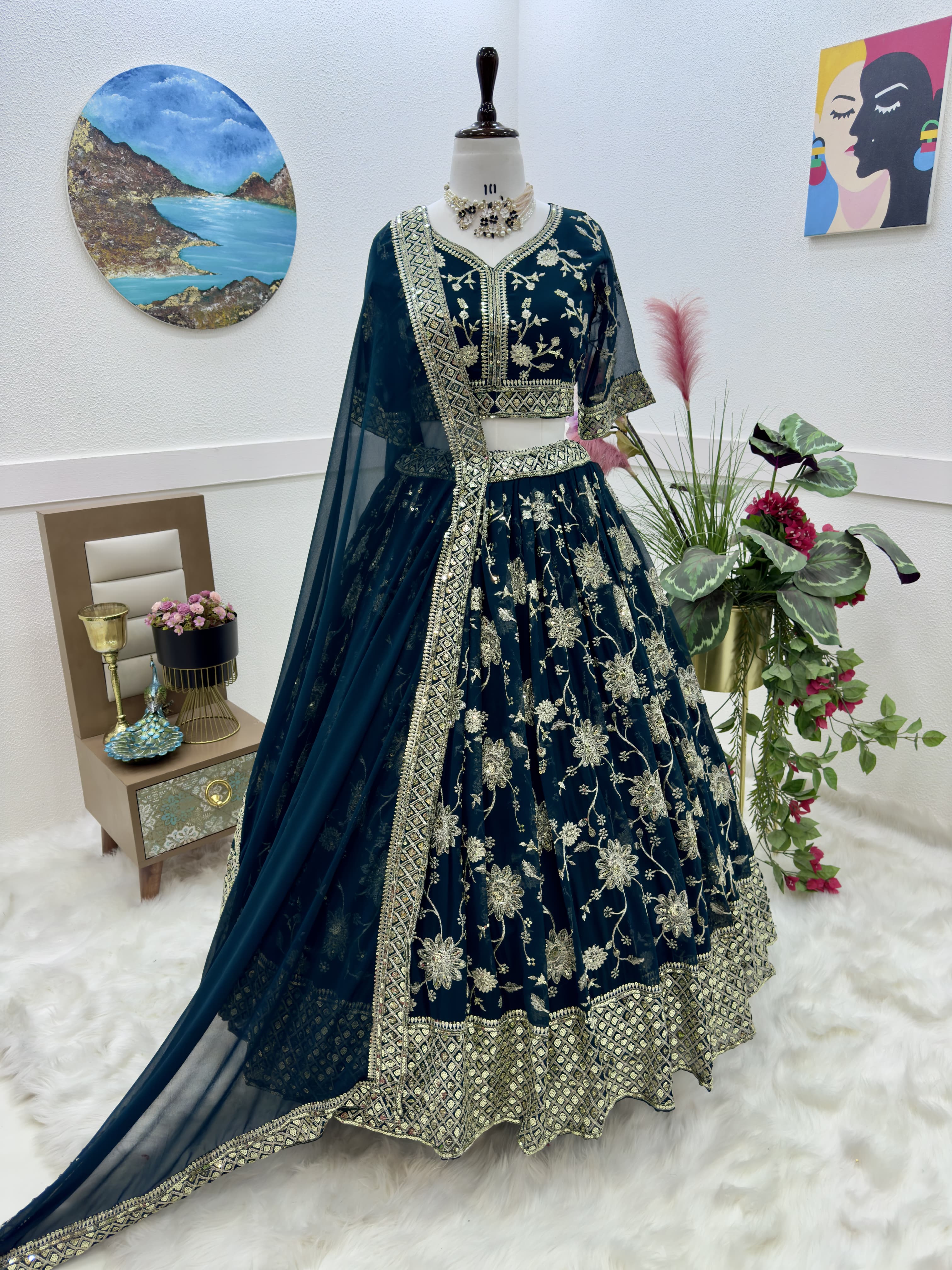 Excellent Teal Green Color Embroidery Sequence Work Lehenga Choli