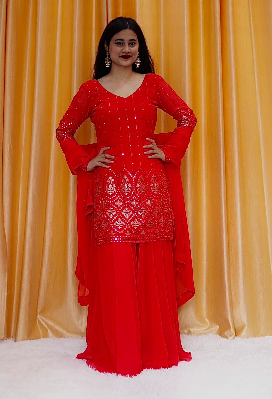 Dazzling Red Color Sequence Work Sharara Suit