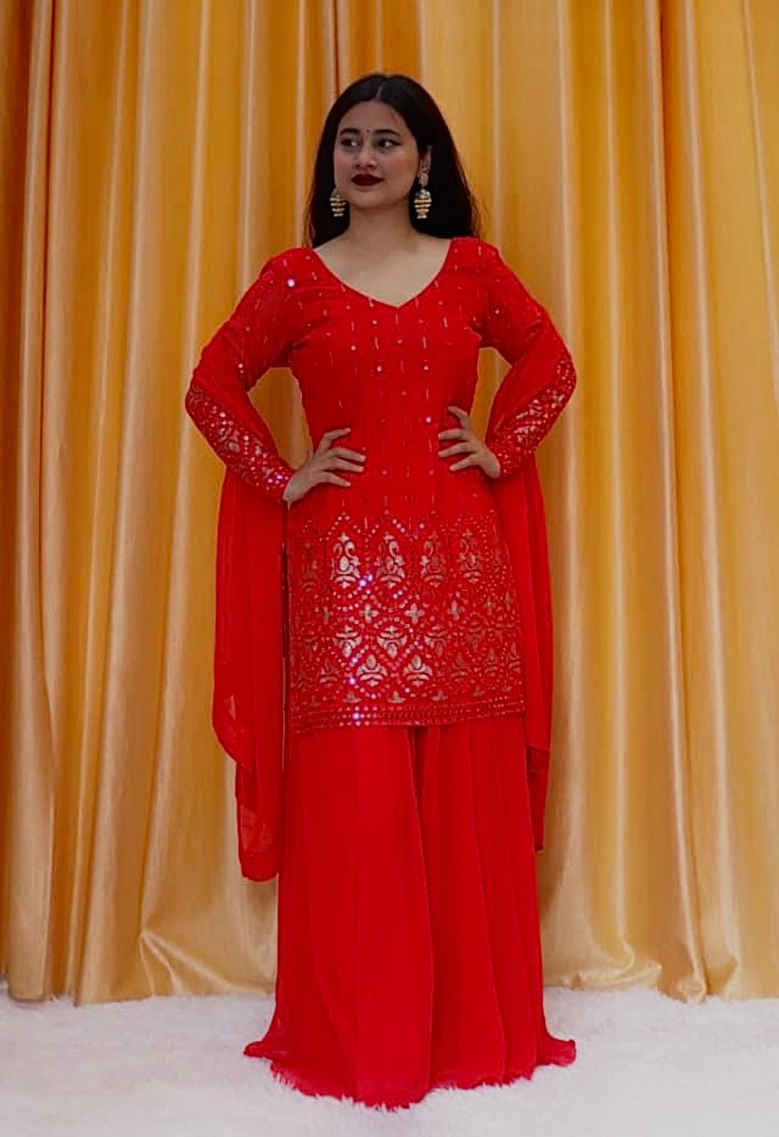 Dazzling Red Color Sequence Work Sharara Suit