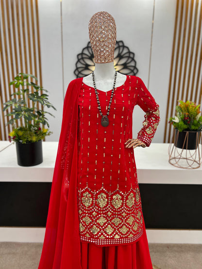 Dazzling Red Color Sequence Work Sharara Suit