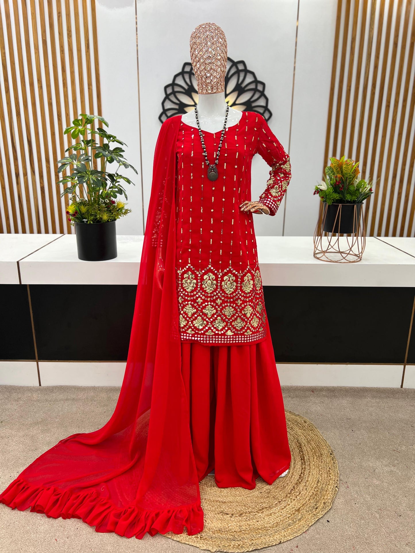 Dazzling Red Color Sequence Work Sharara Suit