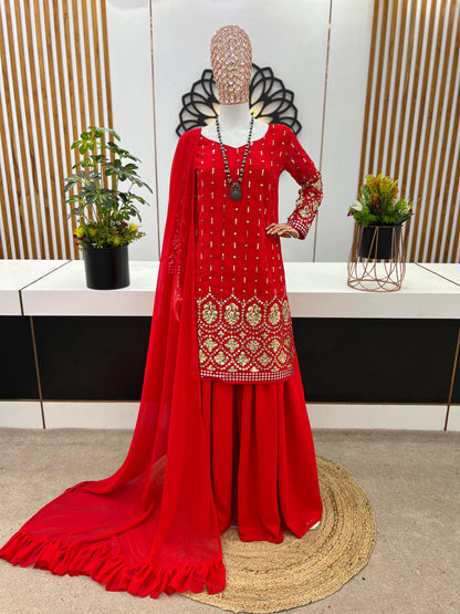 Dazzling Red Color Sequence Work Sharara Suit