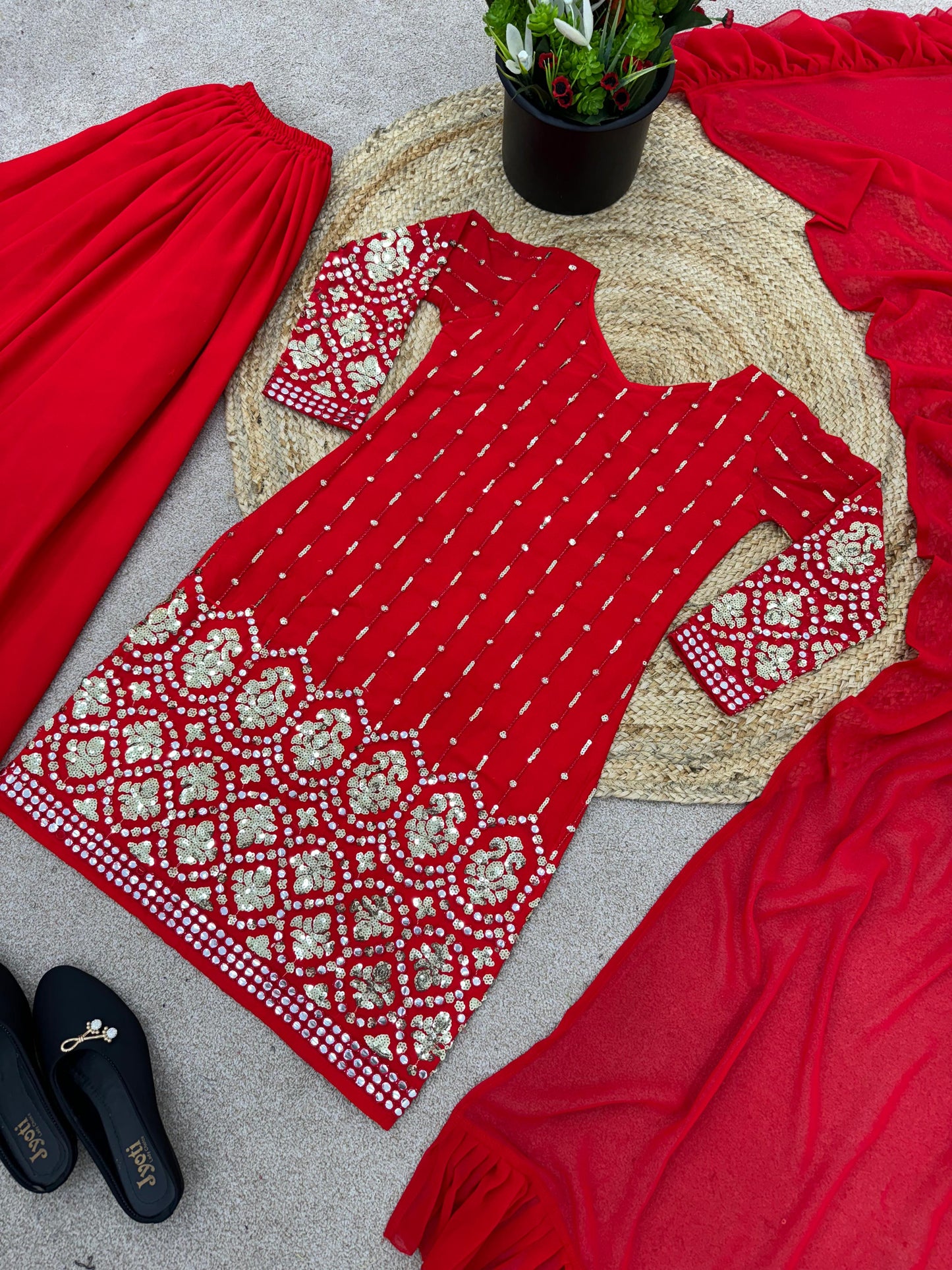 Dazzling Red Color Sequence Work Sharara Suit