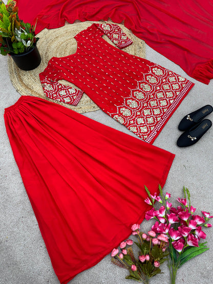 Dazzling Red Color Sequence Work Sharara Suit