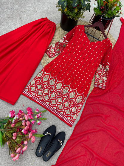 Dazzling Red Color Sequence Work Sharara Suit