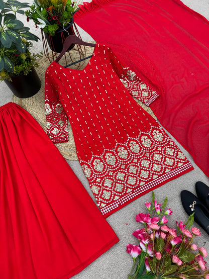 Dazzling Red Color Sequence Work Sharara Suit