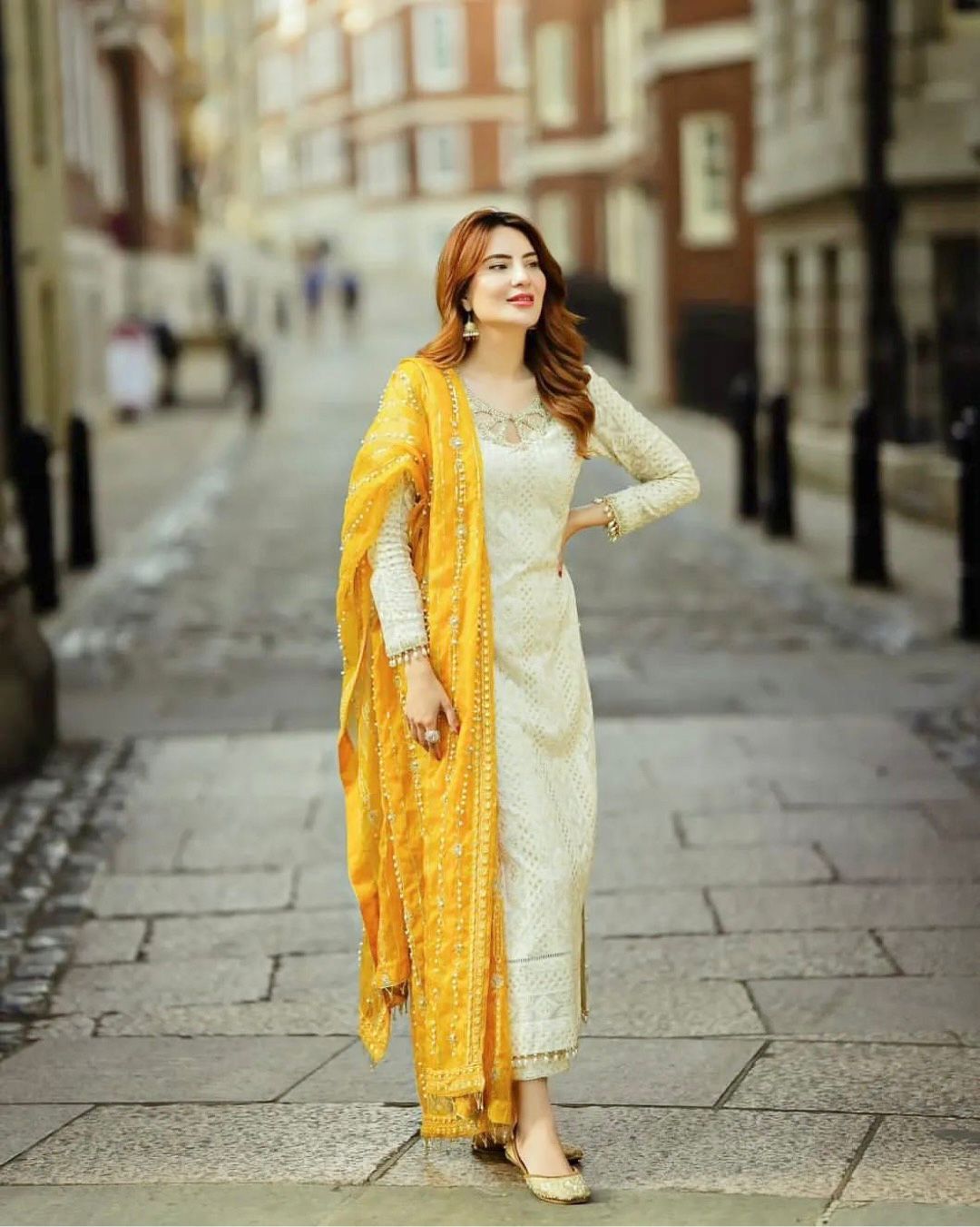 Festive Wear White Color Work Kurti Pant With Yellow Dupatta