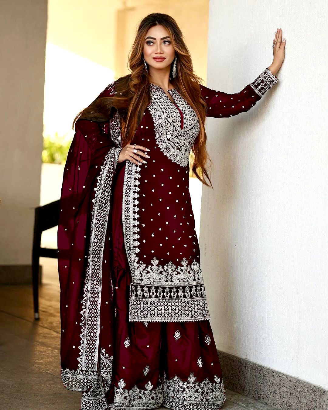 Captivating Work Maroon Color Party Wear Sharara Suit