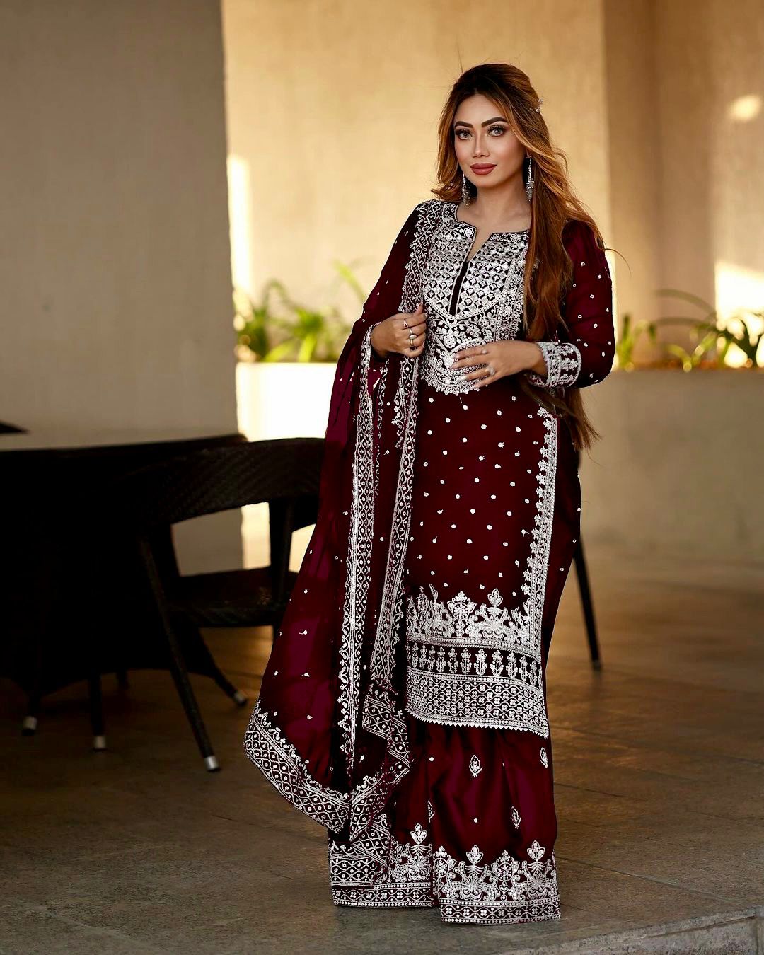 Captivating Work Maroon Color Party Wear Sharara Suit