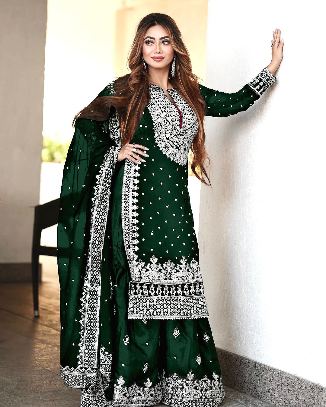 Captivating Work Green Color Party Wear Sharara Suit