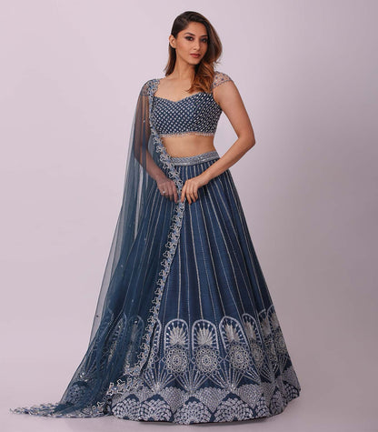 Reception Wear Navy Blue Color Work Lehenga Choli