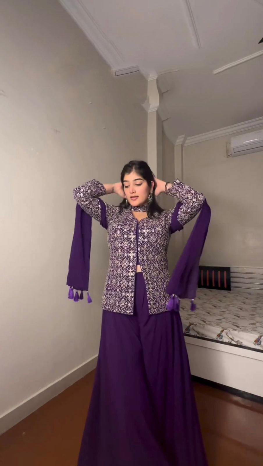 Wedding Wear Purple Thread Work Koti Pattern Top With Plain Palazzo