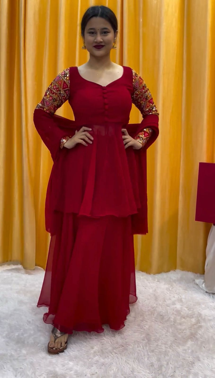 Beautiful Sleeves Work Maroon Color Sharara Suit