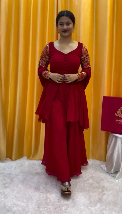 Beautiful Sleeves Work Maroon Color Sharara Suit