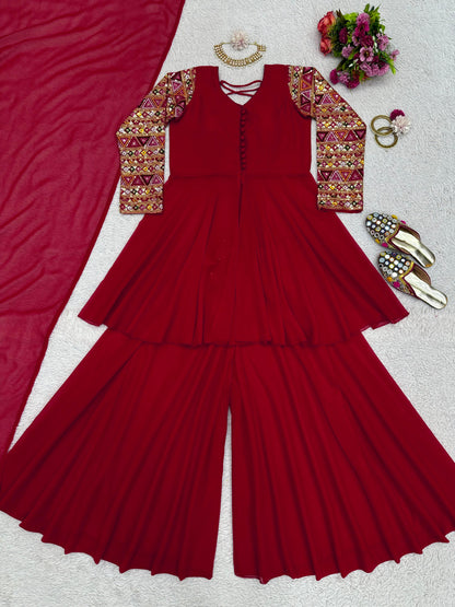 Beautiful Sleeves Work Maroon Color Sharara Suit