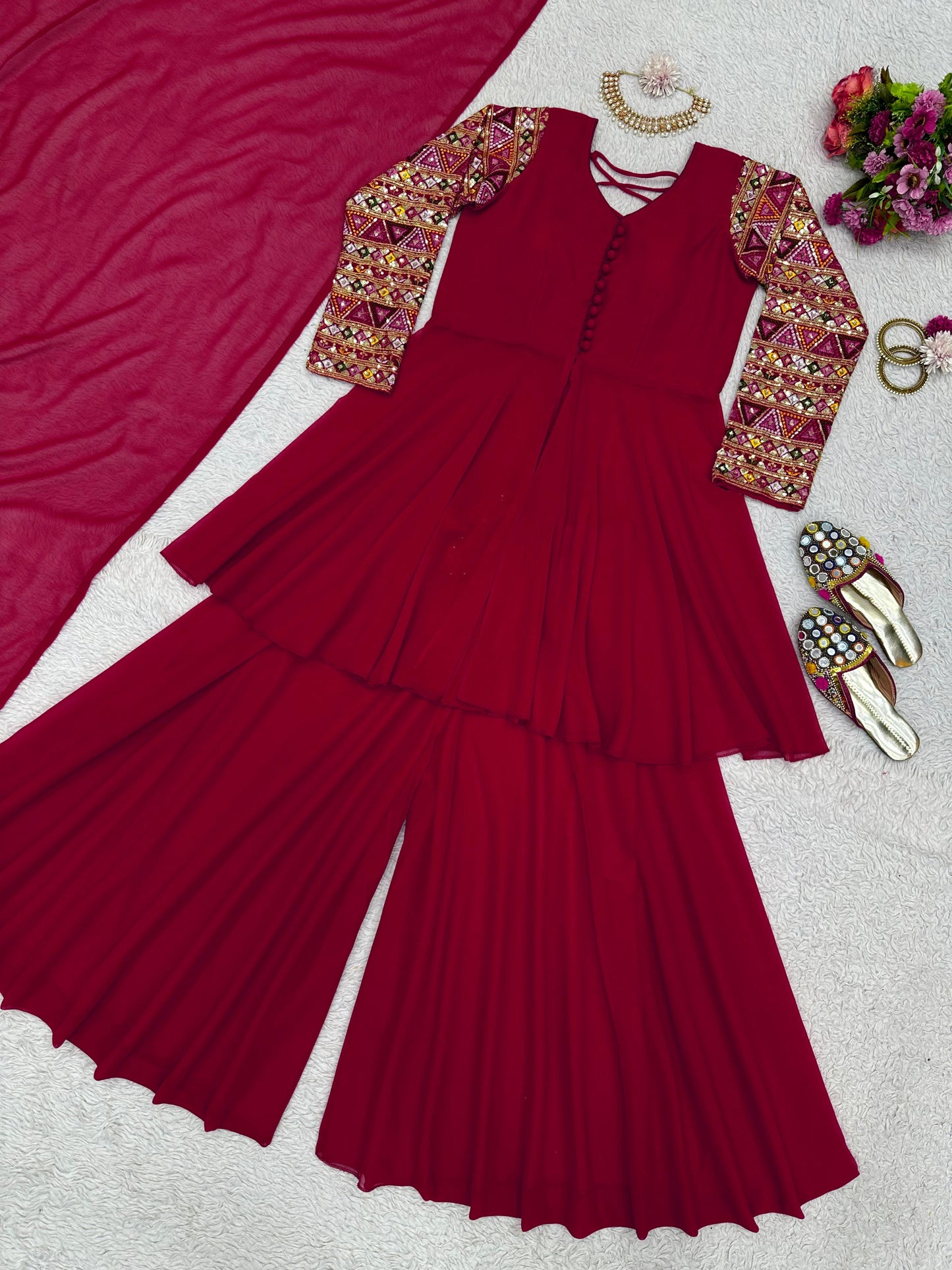 Beautiful Sleeves Work Maroon Color Sharara Suit