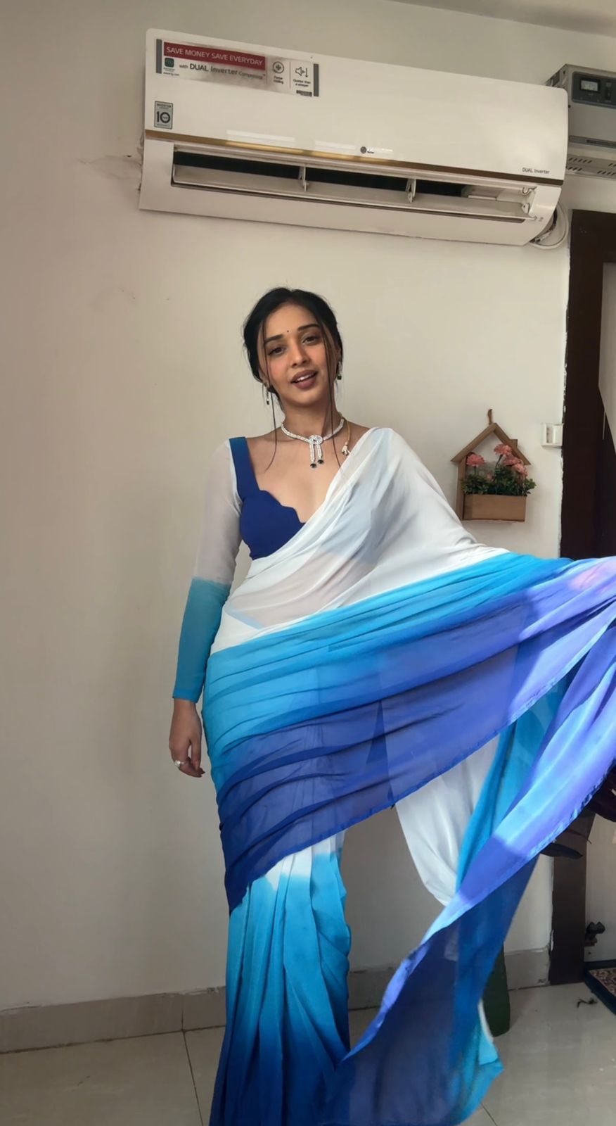 Glorious White And Sky Color Ready To Wear Saree