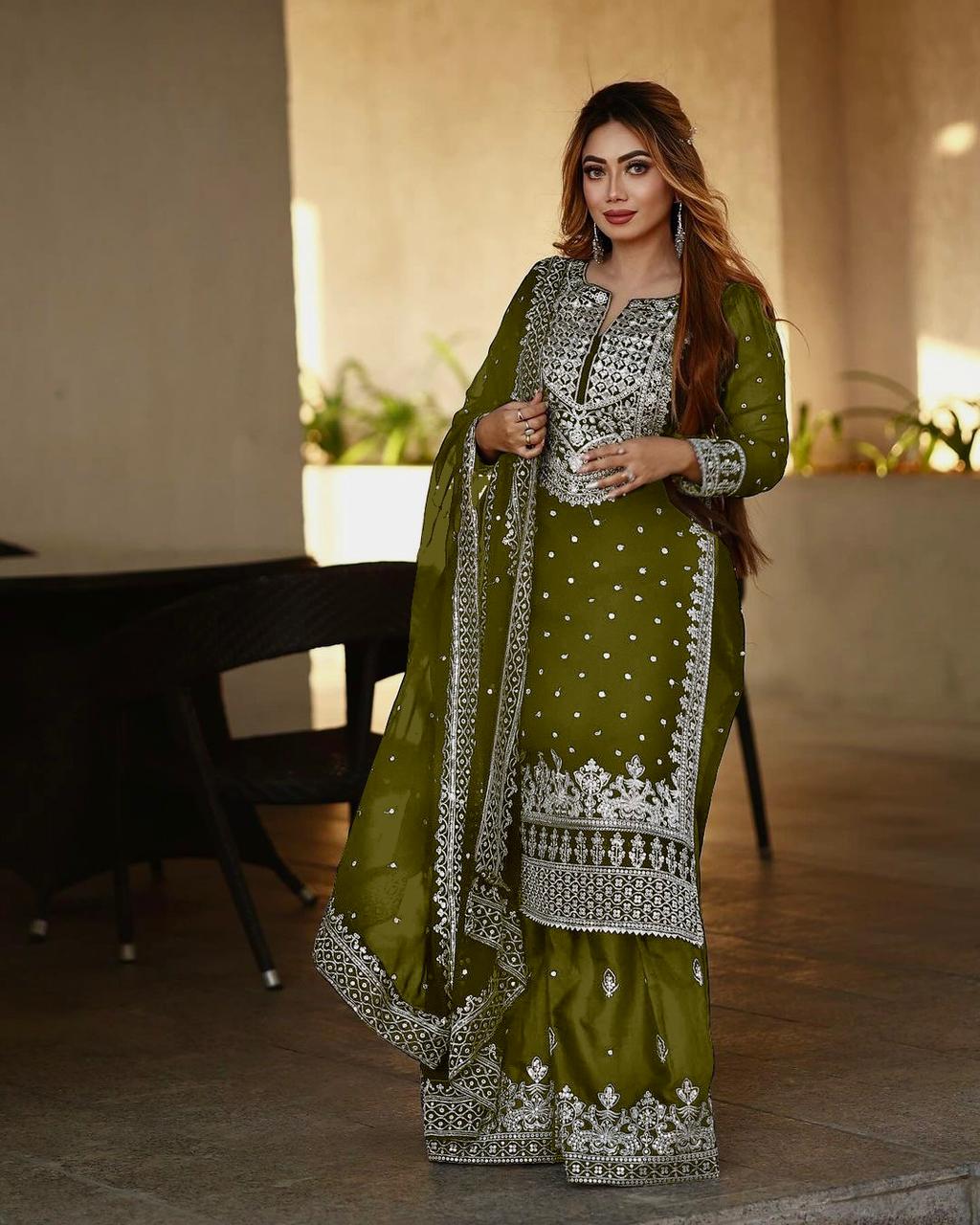 Captivating Work Mehendi Color Party Wear Sharara Suit